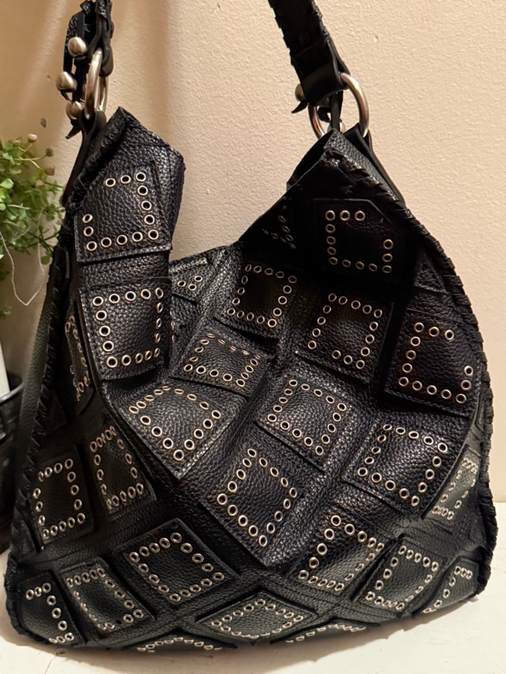 Shiraleah Black Studded Diamond-Pattern Hobo Bag EUC
